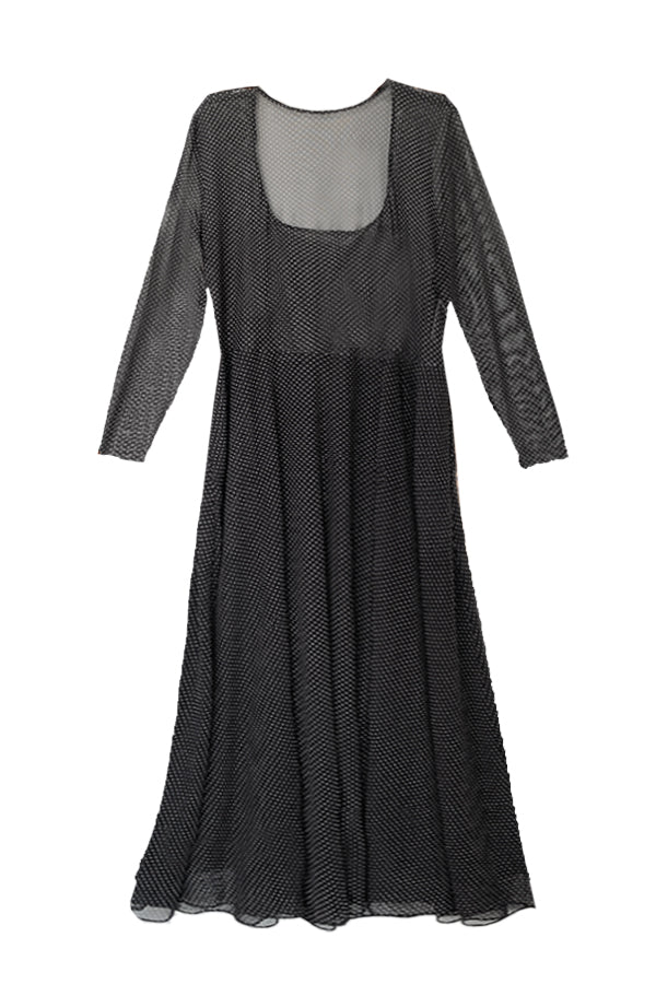 The perfect classic effortless dress for Fall. This double mesh midi dress is here in white pin dot print on a black ground. Details include a deep ballet neck, high waist seam, front bodied and skirt are double with sheer sleeves and back. Designed by BAACAL Cynthia Vincent for "The True Majority" sizes 10-22.
