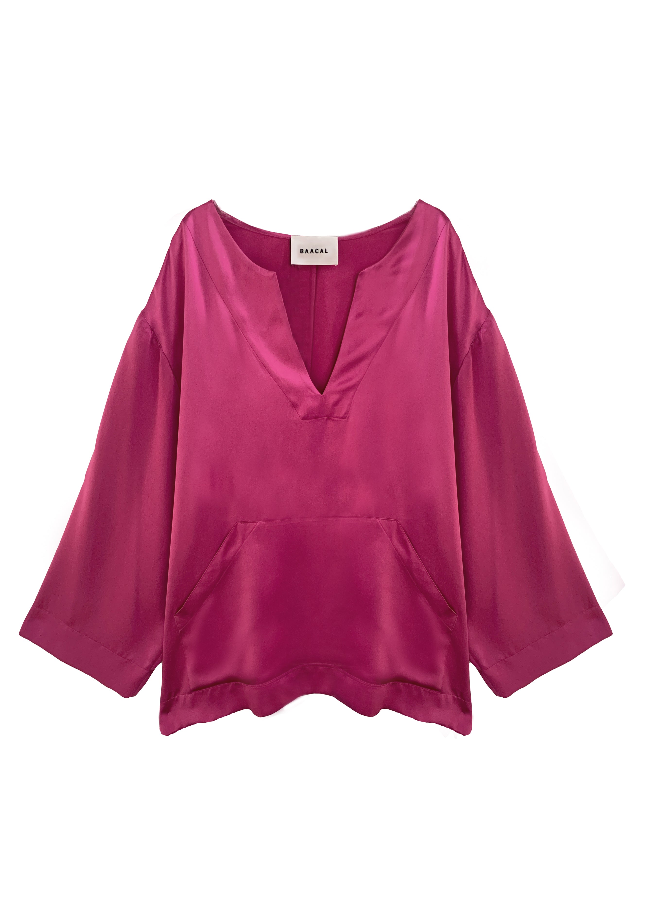 Silk Jallaba Tunic Top in Raspberry Pink Silk - vneck and POCKETS