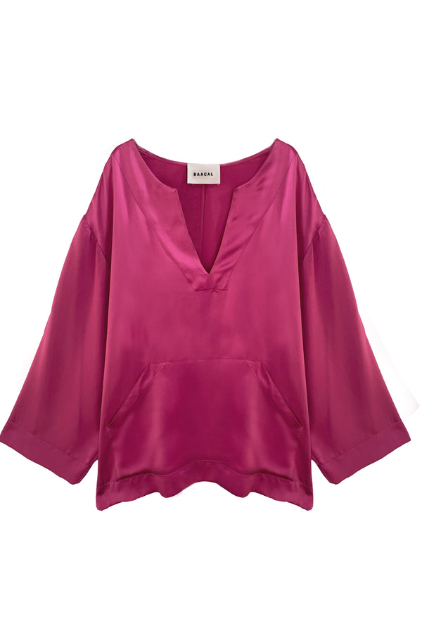 Silk Jallaba Tunic Top in Raspberry Pink Silk - vneck and POCKETS
