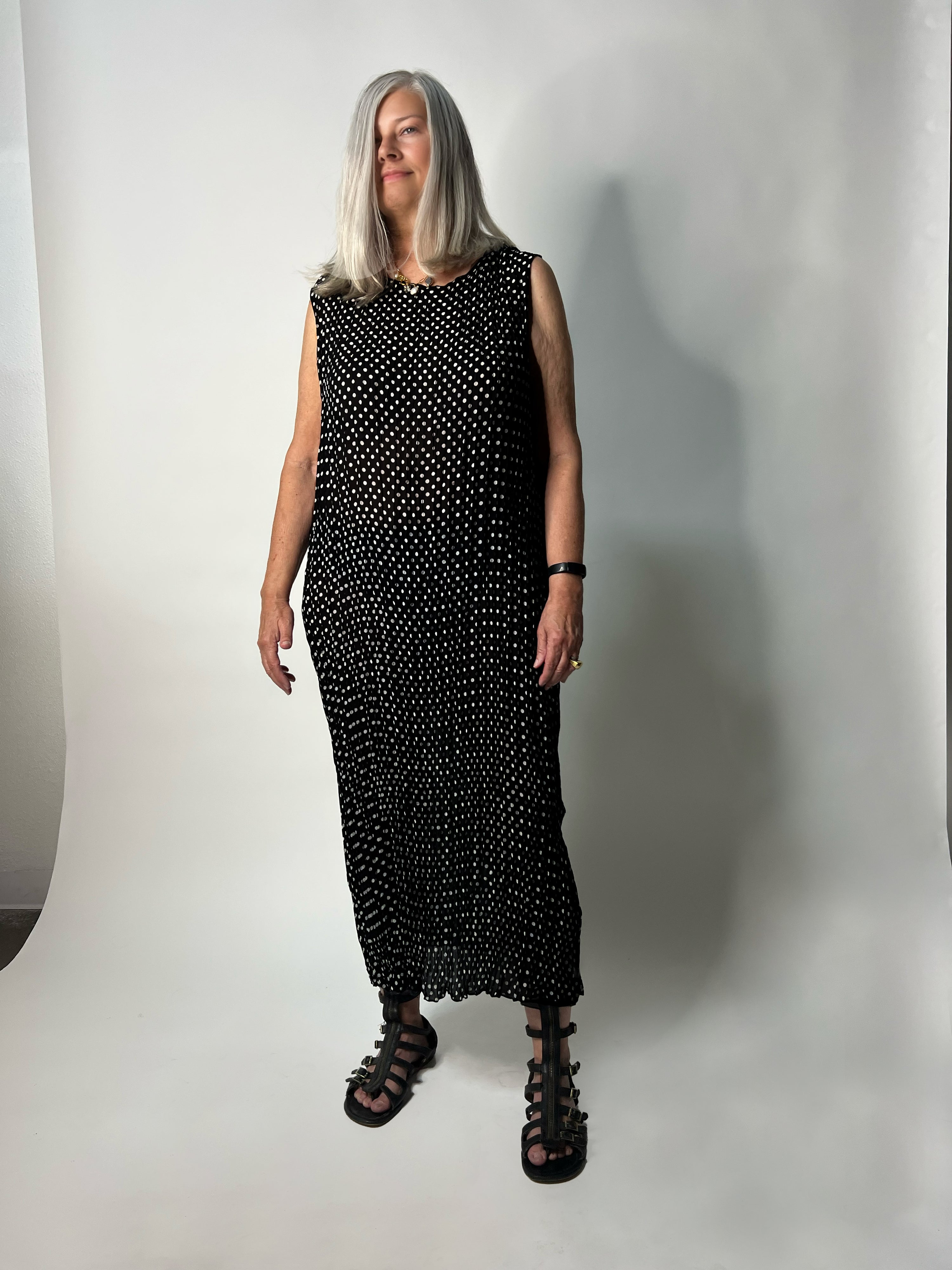 Jaya Pleated Dress- Reversible Polka Dot / Black