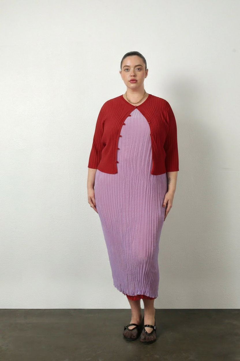plus size model wearing pleated jaya dress and Cardi