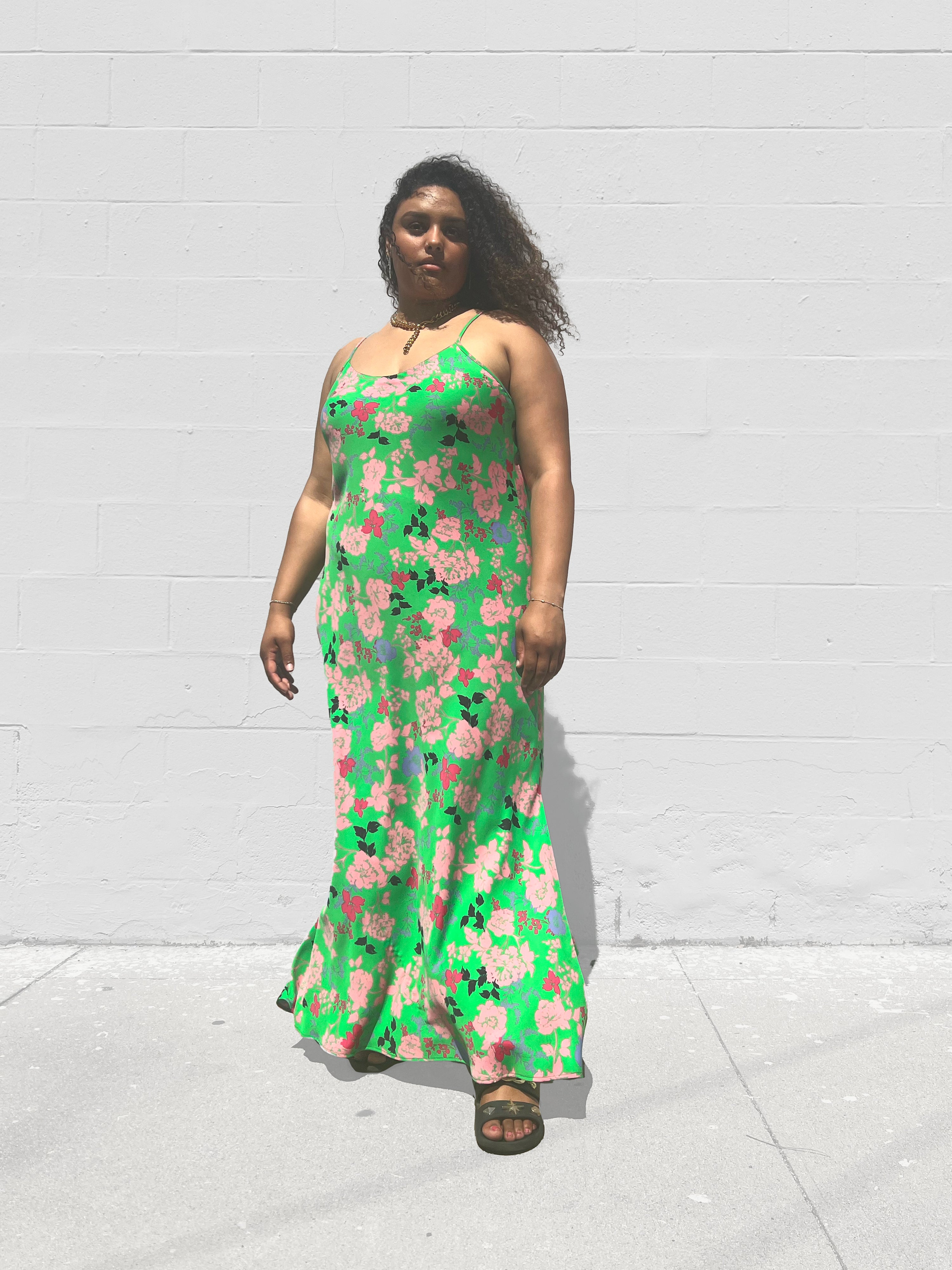 model wearing the green floral leah