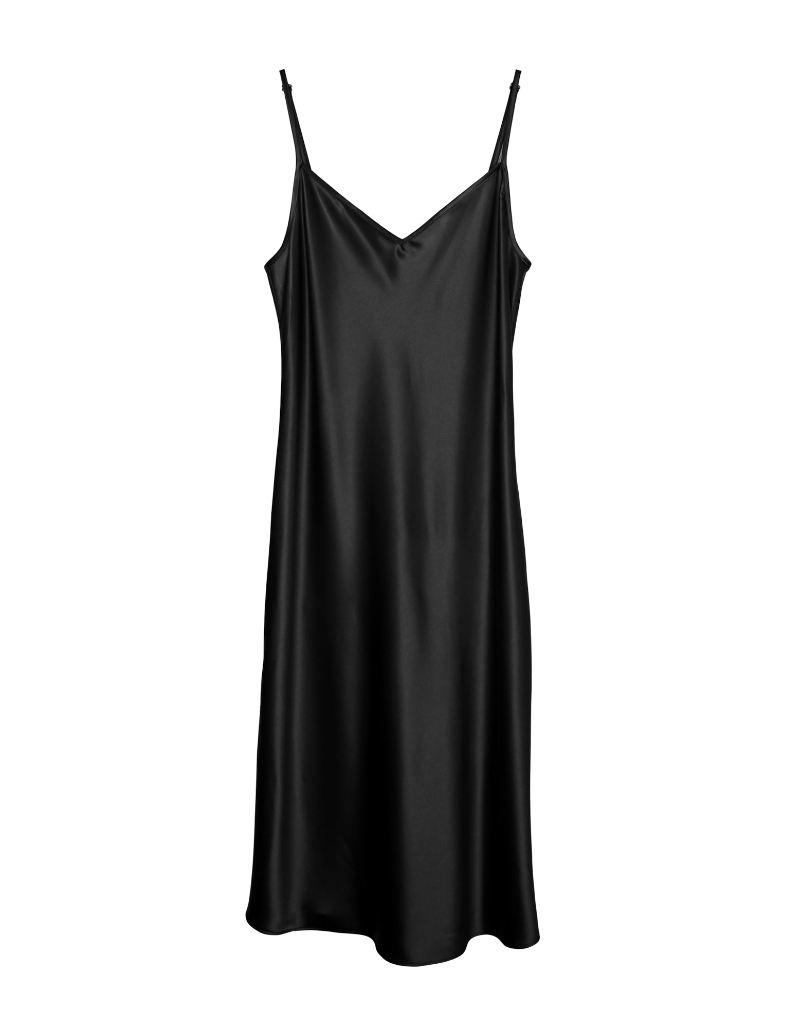 V-neck bias cut slip on dress, with adjustable straps, in black crepe back satin.Plus Size, Size Inclusive Dress