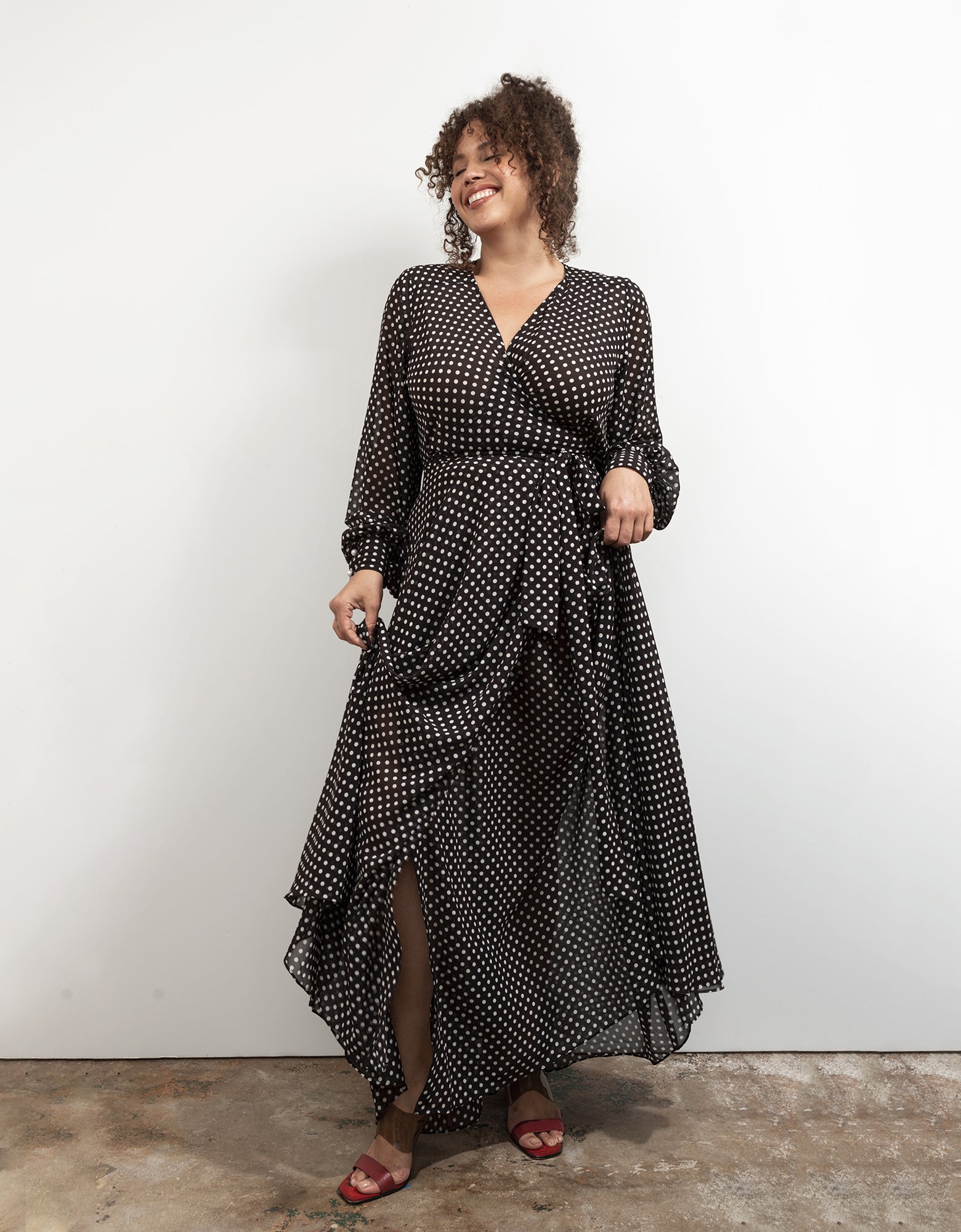 The Maxi Wrap Dress- New Polka Dot Black White