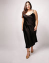 V-neck bias cut slip on dress, with adjustable straps, in black crepe back satin.Plus Size, Size Inclusive Dress