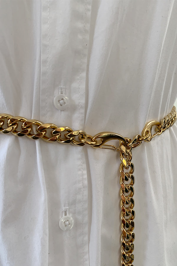 Our best-selling Cuban Gold Chain Link is now a Belt!  The solid link Belt is weighted and as lux as the Necklace. A timeless, statement piece with a deep gold shine. Perfect for almost any occasion or your everyday finishing touch to your outfits. with two large lobster claws allowing you to wear as you please.