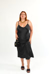 V-neck bias cut slip on dress, with adjustable straps, in black crepe back satin.Plus Size, Size Inclusive Dress