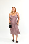 V-neck bias cut slip on dress, with adjustable straps, in Rose Pink crepe back satin. Plus Size, Size Inclusive Dress