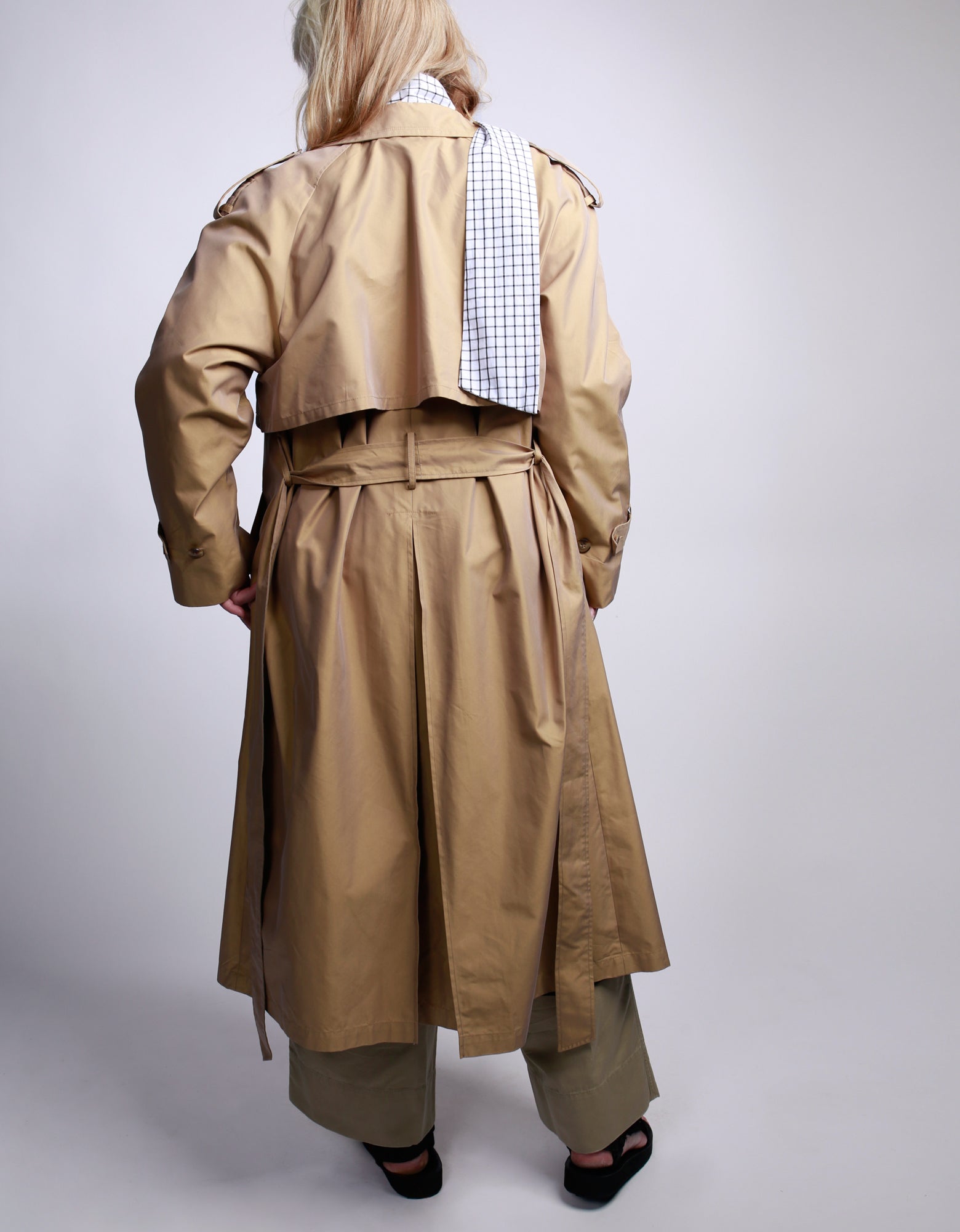 women's double breasted trench coat with belt in Khaki, back 
