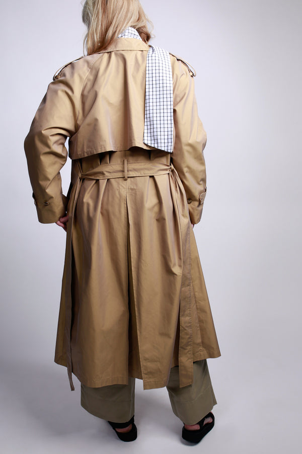 women's double breasted trench coat with belt in Khaki, back 