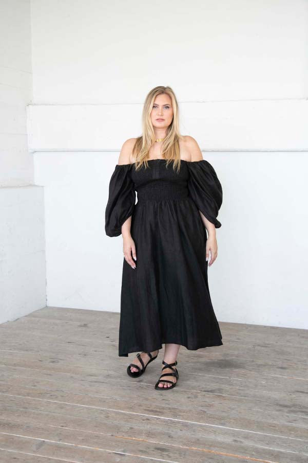 Linen On or Off the Shoulder Dress in Black- The Colette- Plus Size and Size Inclusive