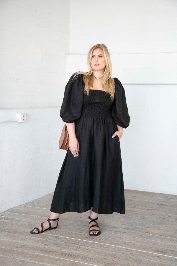 Linen On or Off the Shoulder Dress in Black- The Colette- Plus Size and Size Inclusive