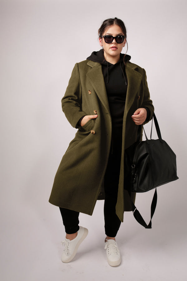 Double Breasted relaxed silhouette Car Coat in Army