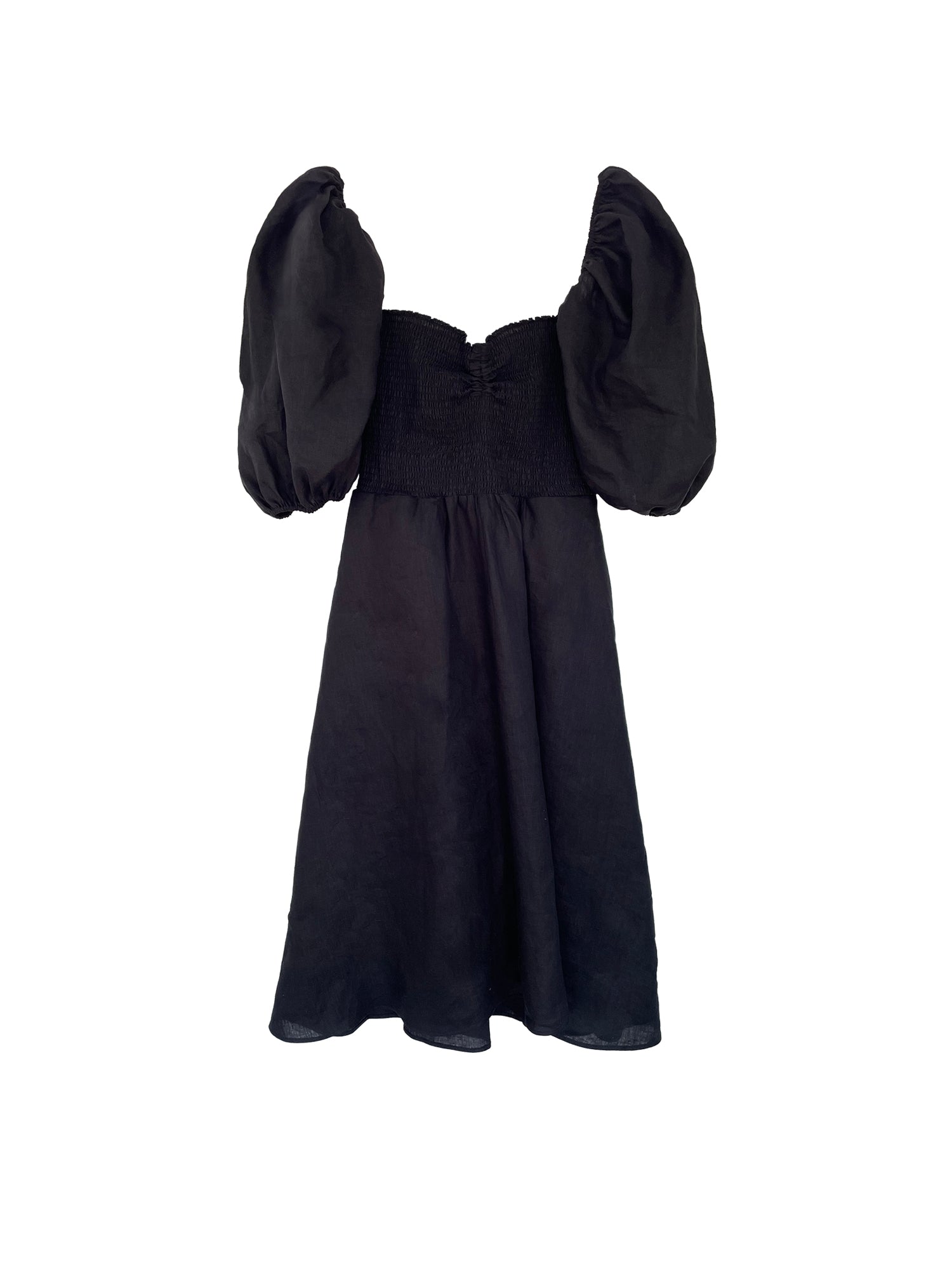 Colette Dress constructed with black linen. Adjustable puff sleeves (on and off shoulder). Sweetheart neck line with pleaded detailing down the middle of the chest.- Plus Size and Size Inclusive 