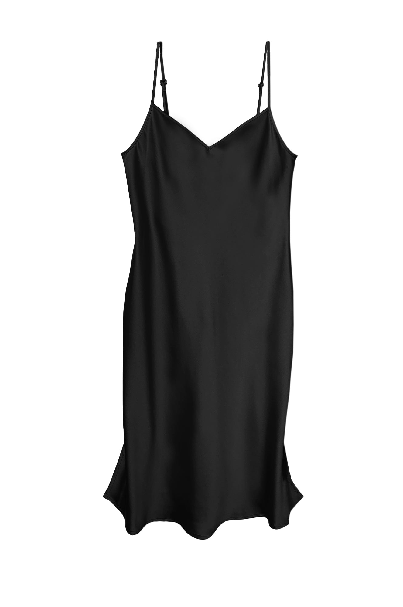 Black bias cut slip dress.  Fit to perfection, the double ply crepe back satin with v-neckline, adjustable straps, and side slits, that flows over your curves, but never clings. Designed for "The True Majority" sizes 10-22 by BAACAL Cynthia Vincent.