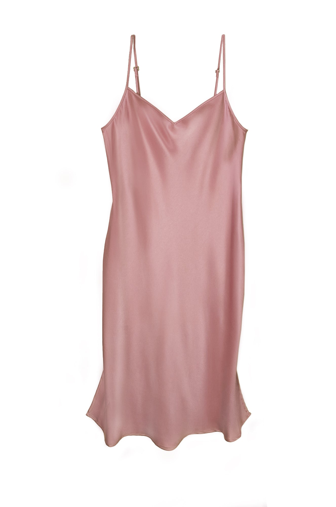 Bias cut slip dress.  Fit to perfection, the double ply crepe back satin with a v-neckline, adjustable straps, and side slits, that flows over your curves, but never clings. This style and color is a limited run. Designed for "The True Majority" sizes 10-22 by BAACAL Cynthia Vincent.
