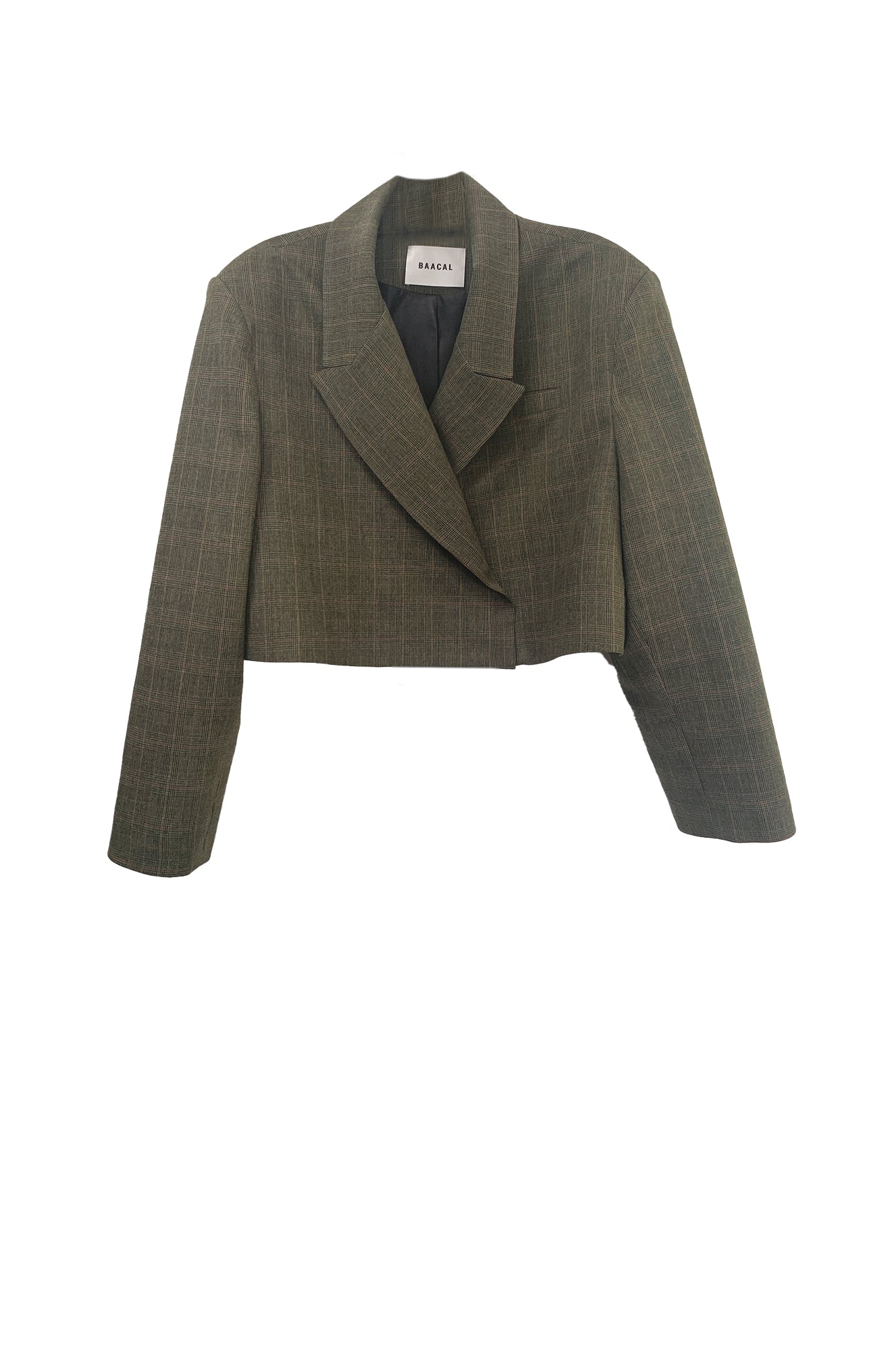 The Crop Blazer is offered here in a  subtle Green Grey Prince of Wales plaid. The best Item to update your Fall wardrobe.  Perfect to wear open or closed with inside hidden buttons.   Made of a lightweight Wool blend, double-breasted with tailored shoulders and buttoned cuffs.  A go-anywhere, anyway favorite you will reach for from Fall through Spring.   This blazer was made using upcycled material and trims made and tailored in Los Angeles. Good for you and good for the planet.
